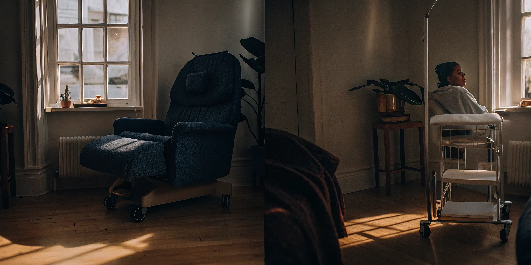 A patient in a chair next to a TMS device, a modern brain therapy compared to ECT.